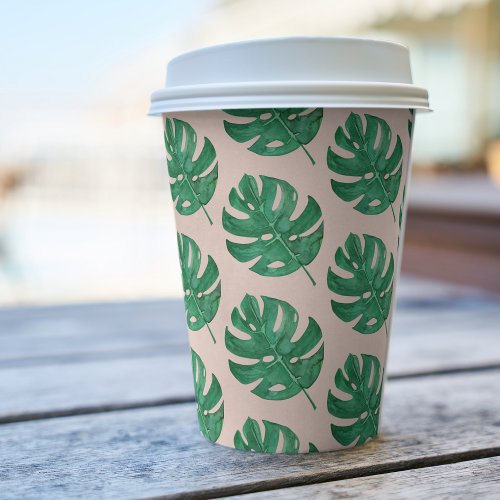Modern Watercolor Leaves Pink  Green Pattern Paper Cups