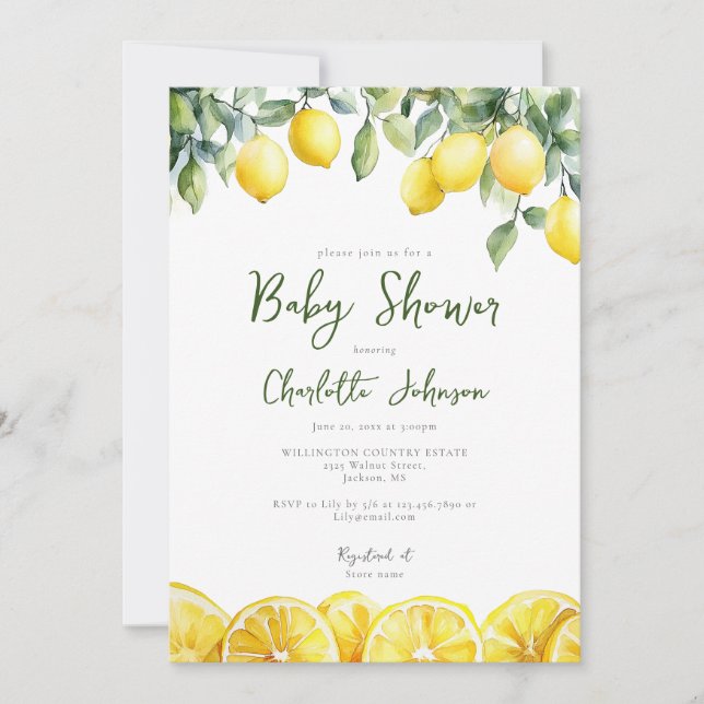 Modern Watercolor Lemon Citrus Baby Shower Invitation (Front)