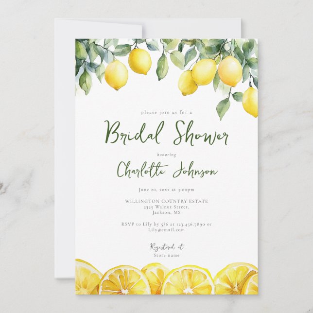 Modern Watercolor Lemon Citrus Bridal Shower Invitation (Front)