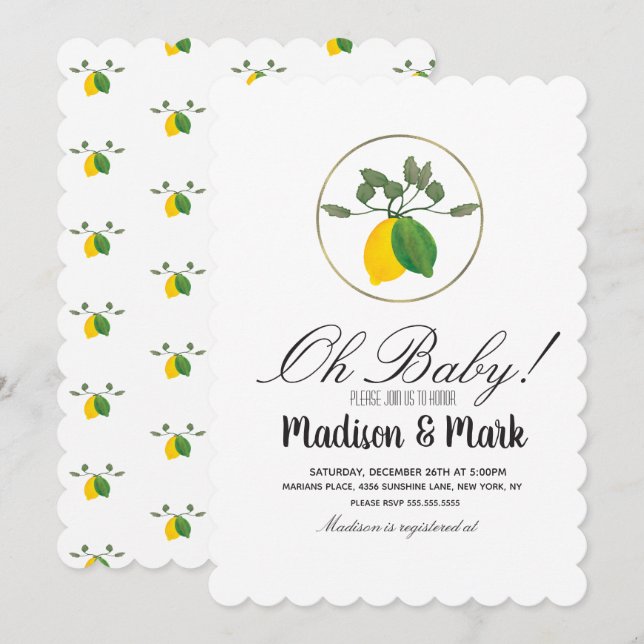 Modern Watercolor Lemon Foil Ring Baby Shower Invitation (Front/Back)