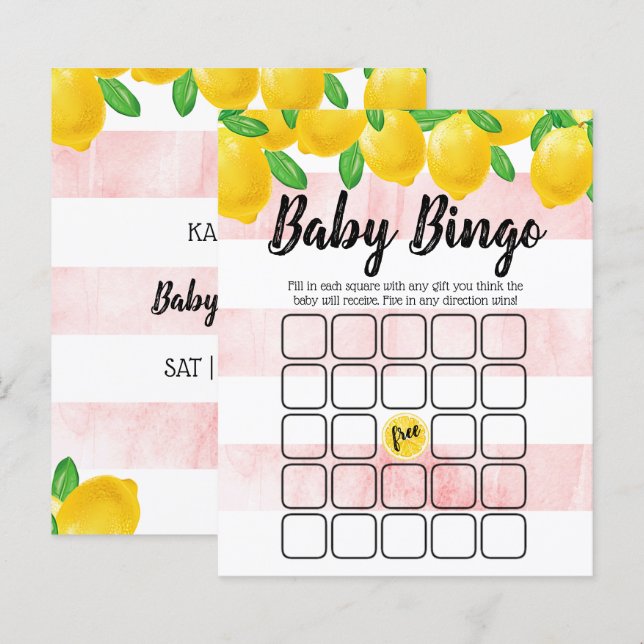 Modern Watercolor Lemon Tree Baby Shower Bingo (Front/Back)