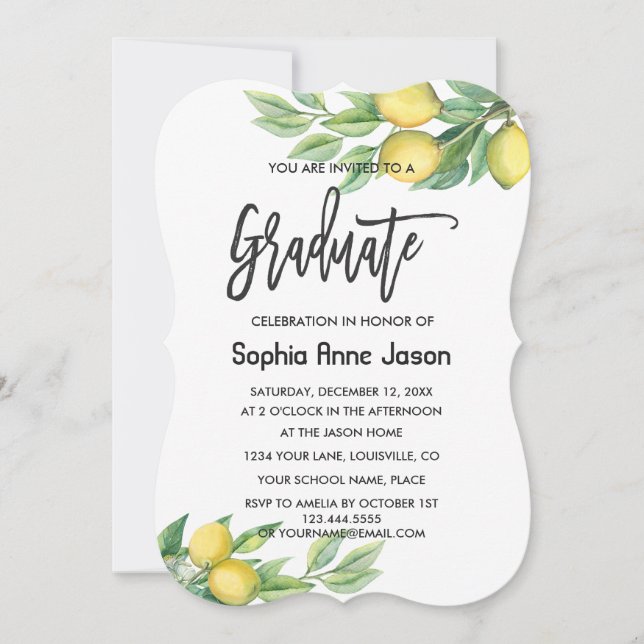 Modern Watercolor Lemon Tropical GRADUATION Invitation (Front)