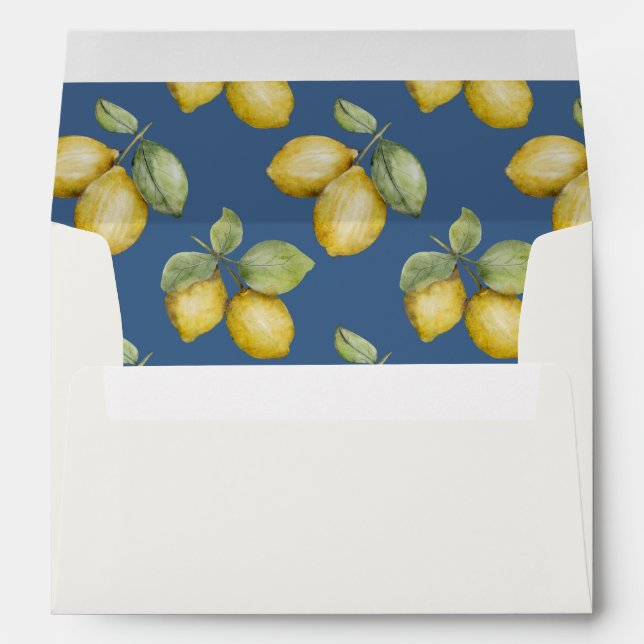 Modern Watercolor Lemons Blue & Yellow Wedding  Envelope (Back (Bottom))