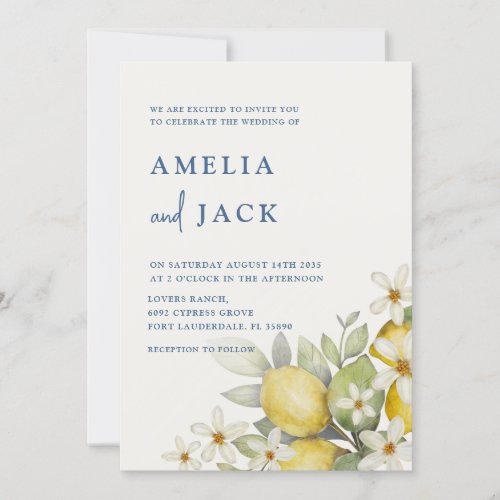 Modern Watercolor Lemons  Floral Wedding Invitation