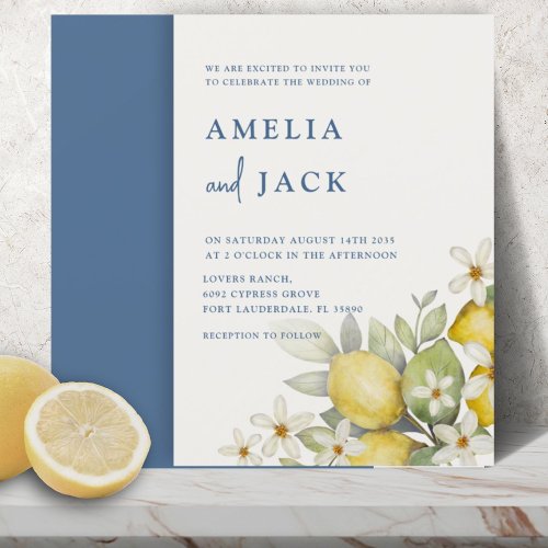 Modern Watercolor Lemons  Floral Wedding Invitation