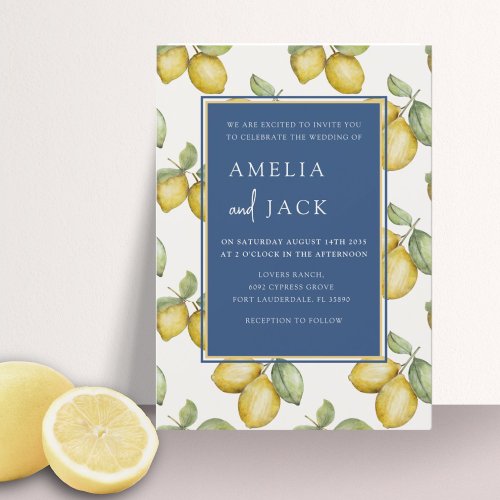 Modern Watercolor Lemons  Foliage Wedding Invitation