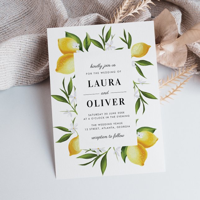 modern watercolor lemons greenery wedding invitation (Creator Uploaded)