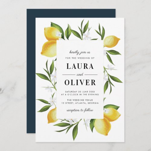 modern watercolor lemons greenery wedding invitation