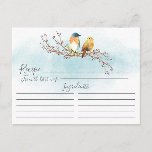 Modern Watercolor Love Birds Recipe Card