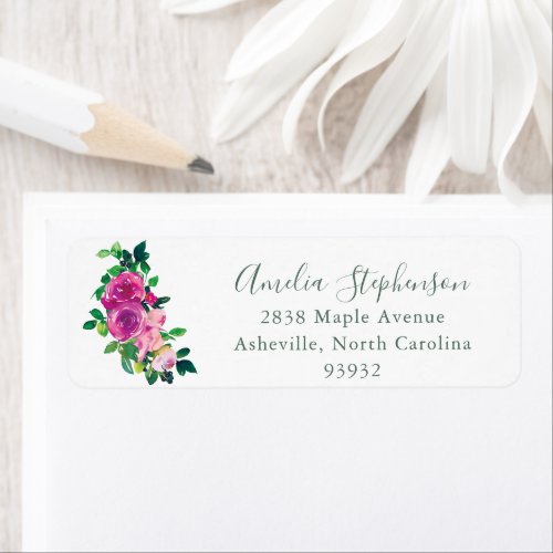 Modern Watercolor Magenta Floral Return Address  Label