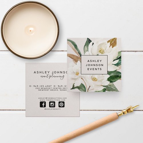 Modern Watercolor Magnolia Blush and Black Script Square Business Card