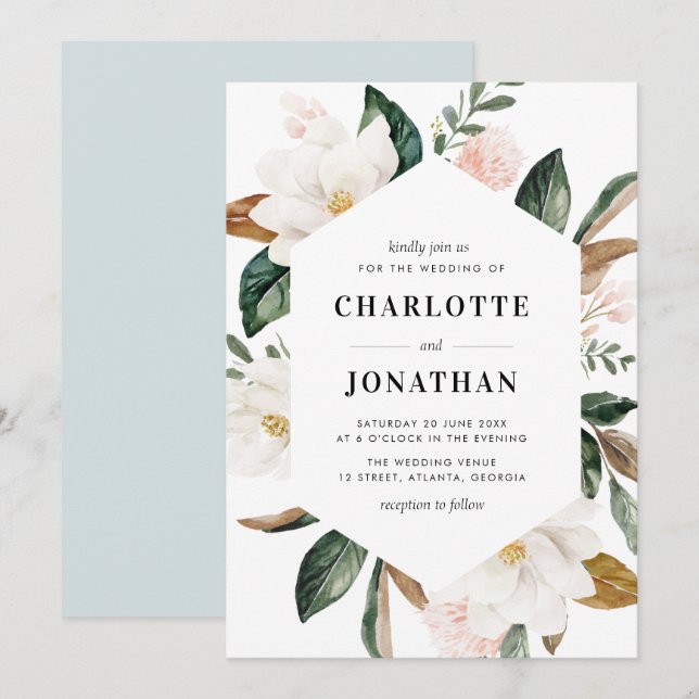 modern watercolor magnolia floral frame wedding invitation (Front/Back)