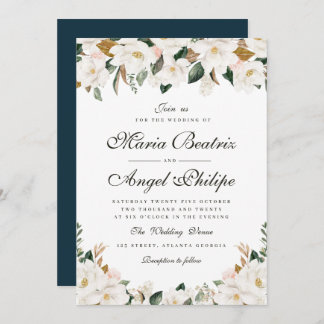 Modern watercolor magnolia floral wedding invitation