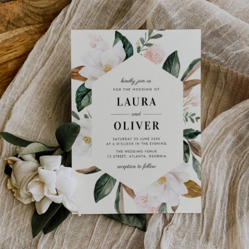 modern watercolor magnolia floral wedding invitation