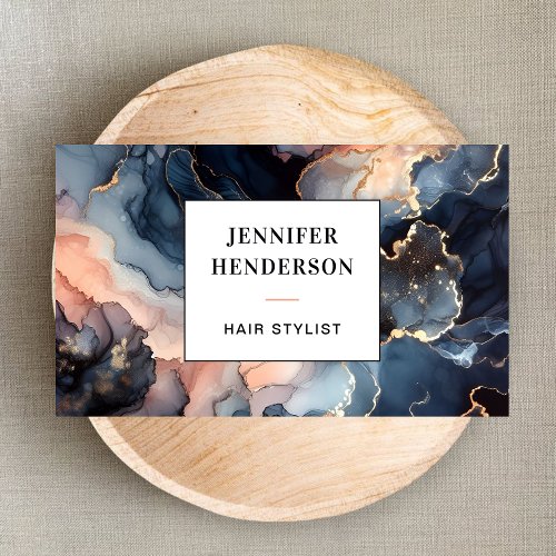Modern Watercolor Marble Blue Gold Pink Script Business Card