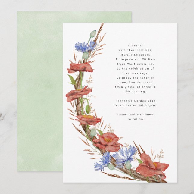 Modern watercolor meadow flowers grass wedding invitation (Front/Back)