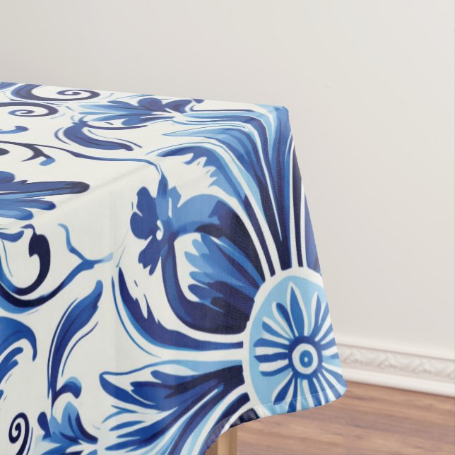 Modern Watercolor Mediterranean  Blue Tiles  Tablecloth (In Situ)