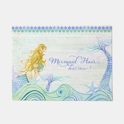Modern Watercolor Mermaid w Waves Starfish n Wood Doormat