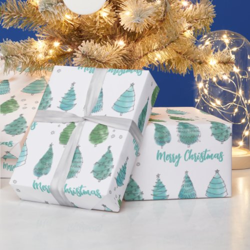 Modern Watercolor Merry Christmas Green Pine Trees Wrapping Paper