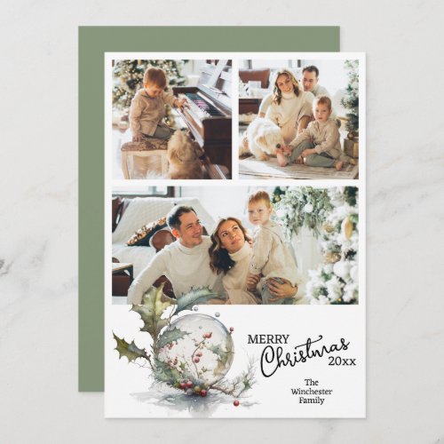 Modern Watercolor Merry Christmas Multiple Photo  Holiday Card