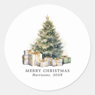 Modern Watercolor Merry Christmas Tree Classic Round Sticker