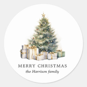 Modern Watercolor Merry Christmas Tree Classic Round Sticker