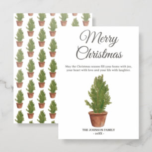 Modern Watercolor Merry Christmas Tree Holiday Letterpress Photo Cards
