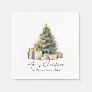 Modern Watercolor Merry Christmas Tree  Napkins