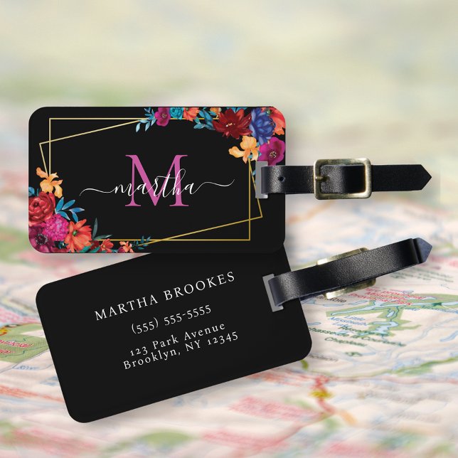Modern Watercolor Mexican Fiesta Flower Black Luggage Tag (Creator Uploaded)