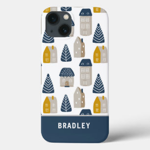 Modern Watercolor Minimalist House Pattern Name iPhone 13 Case