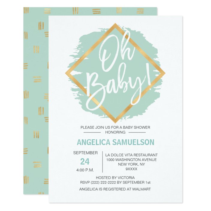 Modern Watercolor Mint Green Gold Oh Baby Shower Invitation Zazzle Com