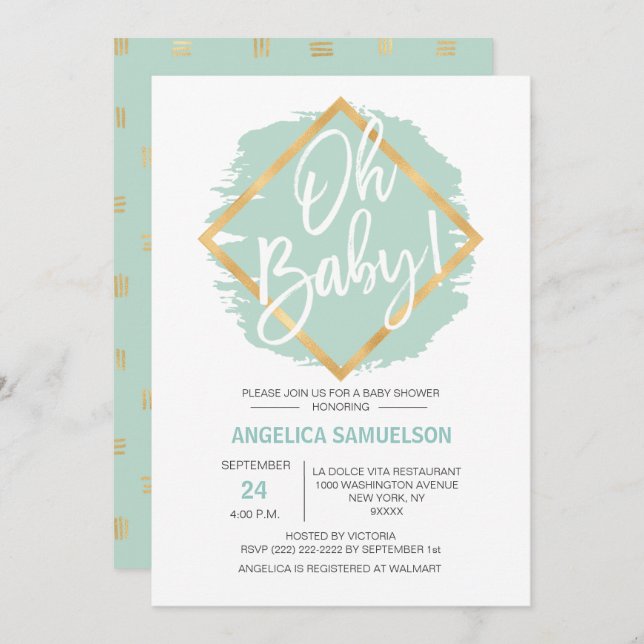 Modern Watercolor Mint Green Gold Oh Baby Shower Invitation (Front/Back)