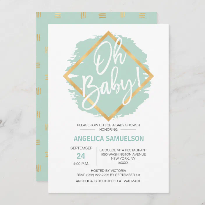 Modern Watercolor Mint Green Gold Oh Baby Shower Invitation Zazzle Com