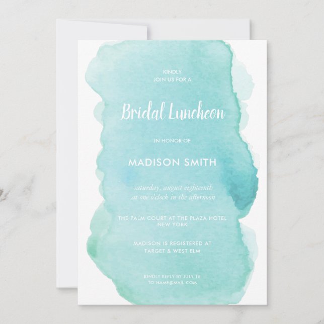 Modern Watercolor Mint Turquoise Bridal Luncheon Invitation (Front)