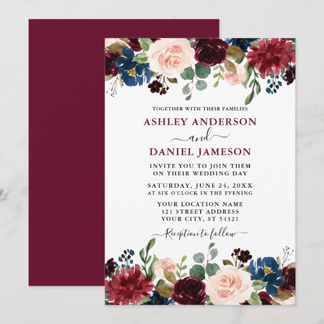 Modern Watercolor Mixed Floral Burgundy Wedding Invitation (Front/Back)