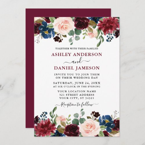 Modern Watercolor Mixed Floral Burgundy Wedding Invitation