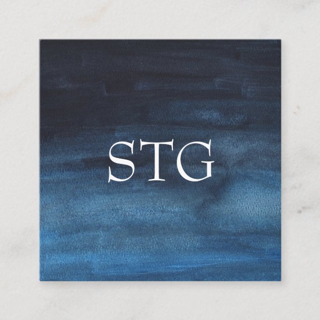 Modern Watercolor Monogram Logo Navy Blue Square Business Card (Front)