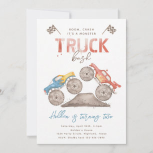 Modern Watercolor Monster Truck Birthday Invitation