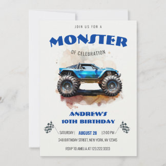 Modern Watercolor Monster Truck Blue Boy Birthday  Invitation