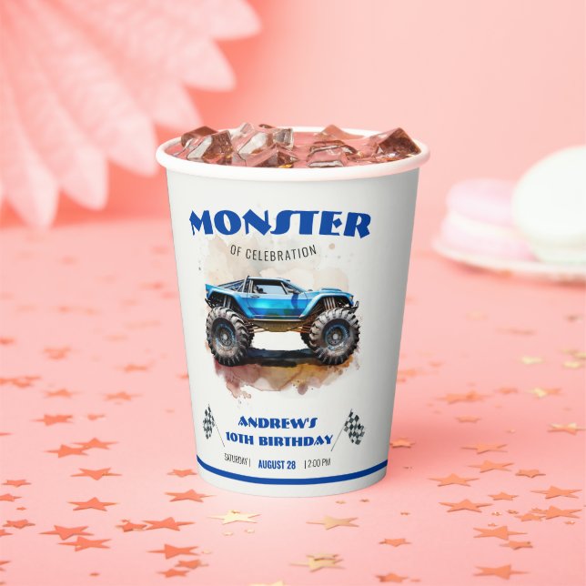 Modern Watercolor Monster Truck Blue Boy Birthday  Paper Cups (Insitu)