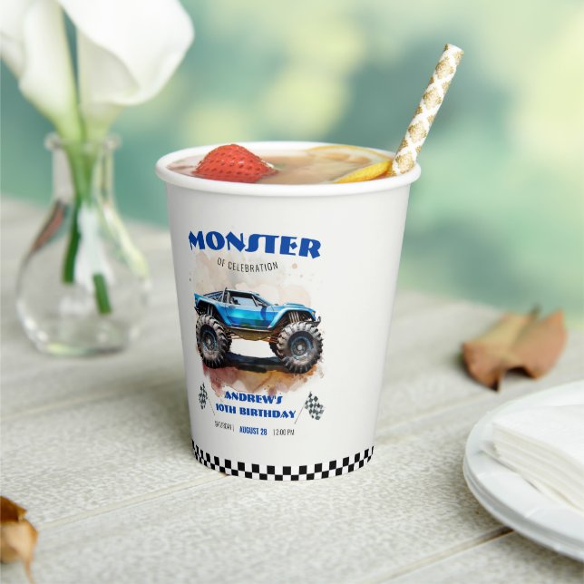 Modern Watercolor Monster Truck Blue Boy Birthday  Paper Cups (Insitu)