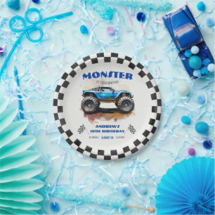 Modern Watercolor Monster Truck Blue Boy Birthday  Paper Plates