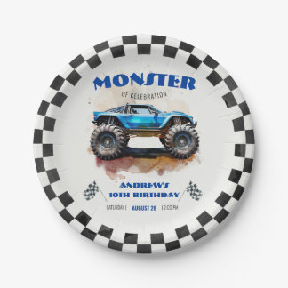 Modern Watercolor Monster Truck Blue Boy Birthday  Paper Plates