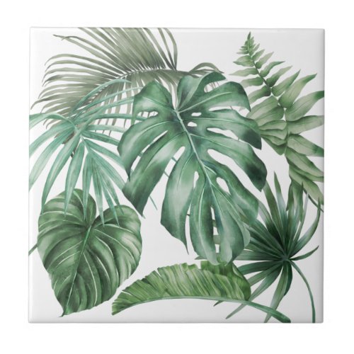 Modern Watercolor Monstera Tropical Leaves  Ceramic Tile