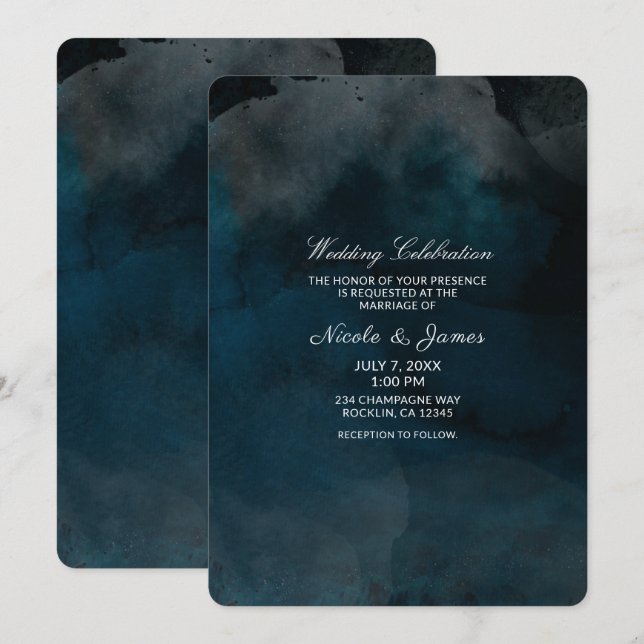 Modern Watercolor Moody Blue Chic Wedding Invitation (Front/Back)