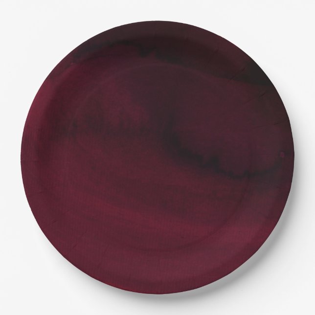 Modern Watercolor Moody Maroon Burgundy Wedding Paper Plates (Front)