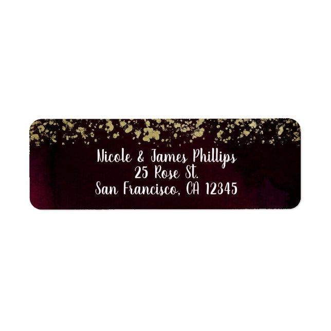 Modern Watercolor Moody Maroon & Gold Wedding Label (Front)