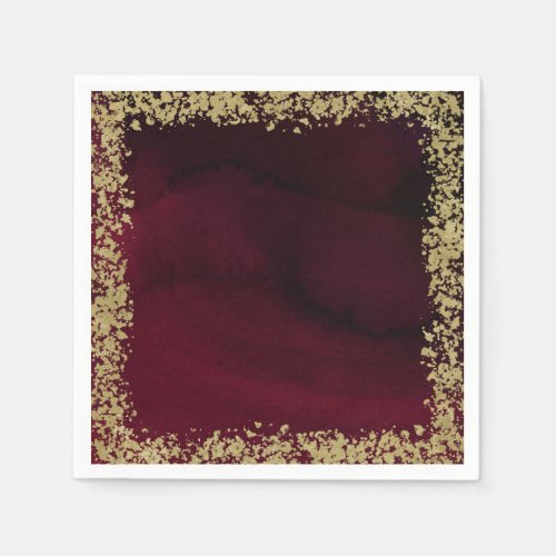 Modern Watercolor Moody Maroon  Gold Wedding Napkins