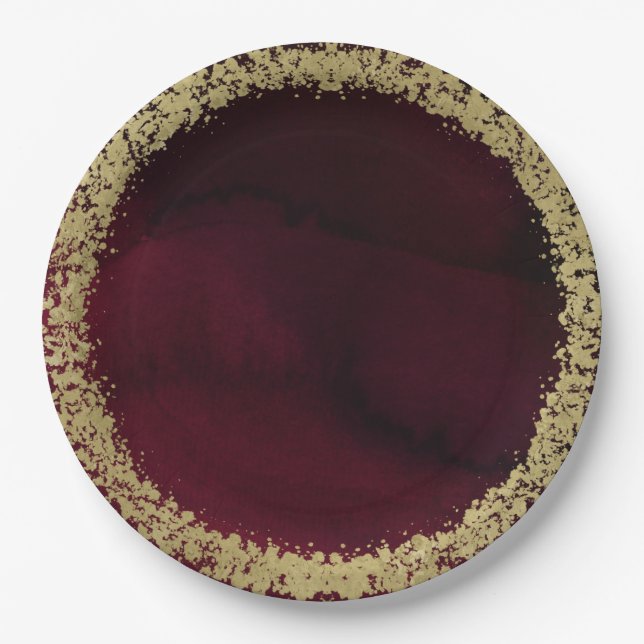 Modern Watercolor Moody Maroon & Gold Wedding Paper Plates (Front)