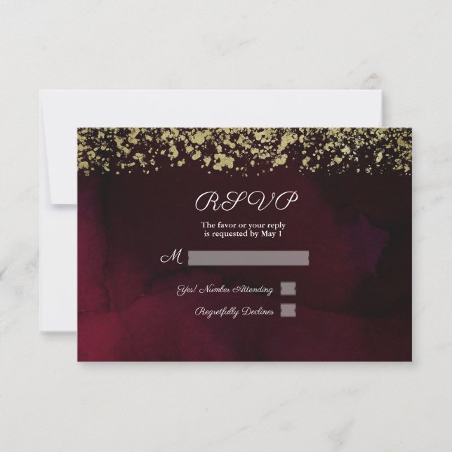 Modern Watercolor Moody Maroon & Gold Wedding RSVP Card (Front)